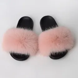 Women'S Faux Fox Fur Slippers Large Summer Open-Toe Fluffy Casual Anti-Slip Sandals Fluffy Black Slide Fur Slider