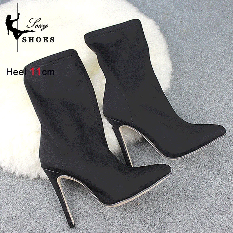 Ankle Boots Stretch Fabric Stiletto Heels Spring Autumn New Pointed Toe Female Shoes Office Fashion Women Big Size Single Boots