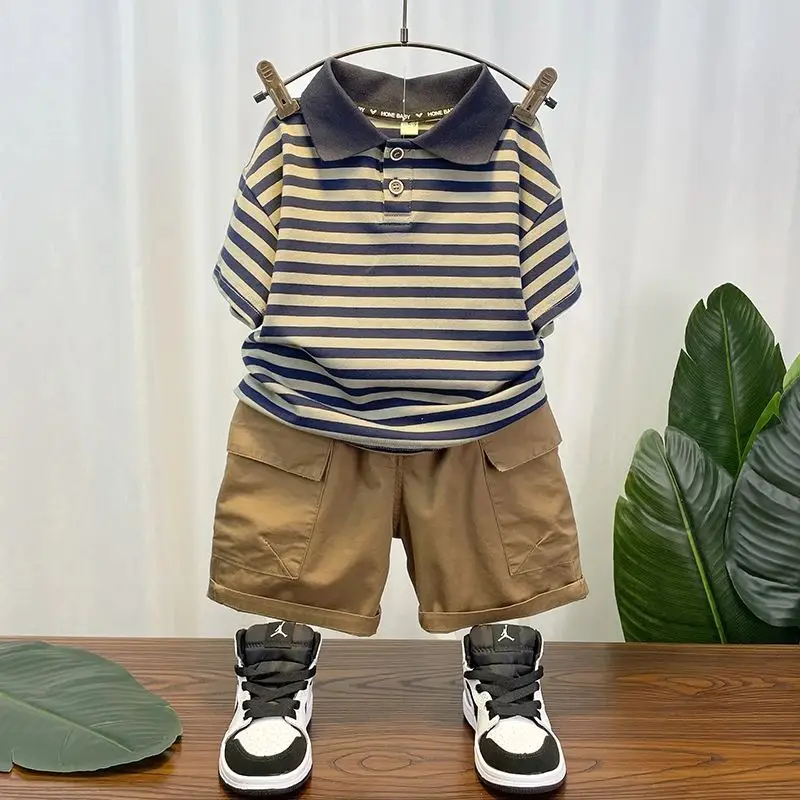 

Boys Summer Set New Children's Striped Polo Shirt+Shorts two-piece set handsome and fashionable Outfits Tracksuit