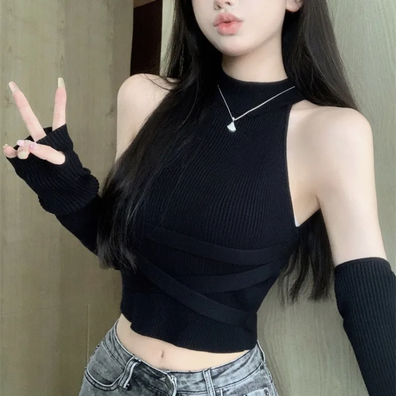 Sexy Sleeveless Knitted Pullovers Women Autumn New Solid Slim Fit Off Shoulder Crop Top Spicy Girls Y2k Sweater Vest
