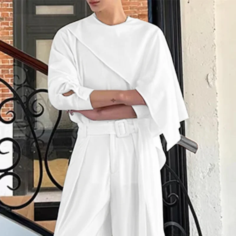 INCERUN Men Irregular Shirt Solid Color O-neck Long Sleeve Men Clothing Streetwear Loose Korean 2025 Fashion Casual Male Shirts