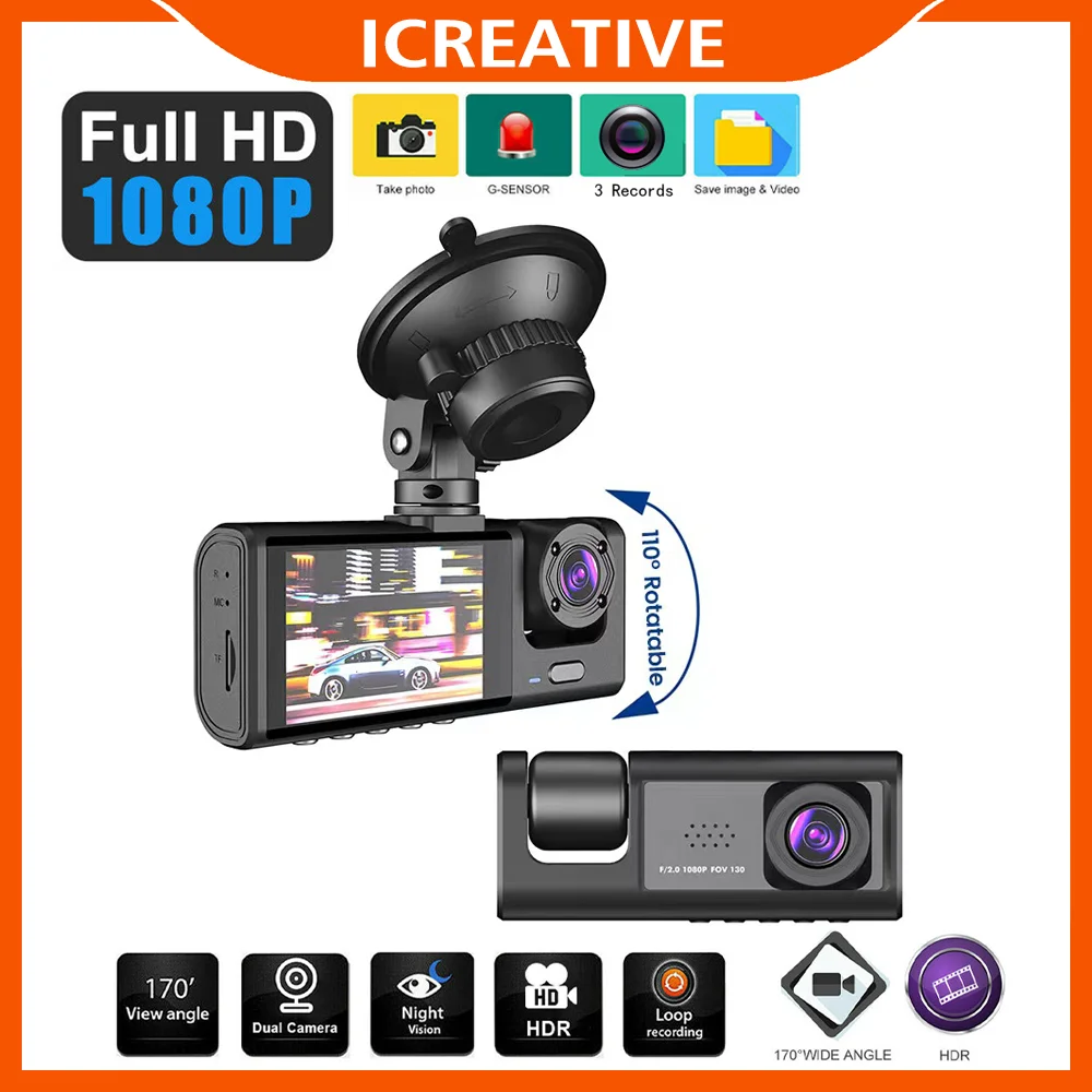 

3 Channels Car Digital Video Recorder 2 Inch LCD Display DVR Full HD 1080P Registrator Dashcam Camcorder