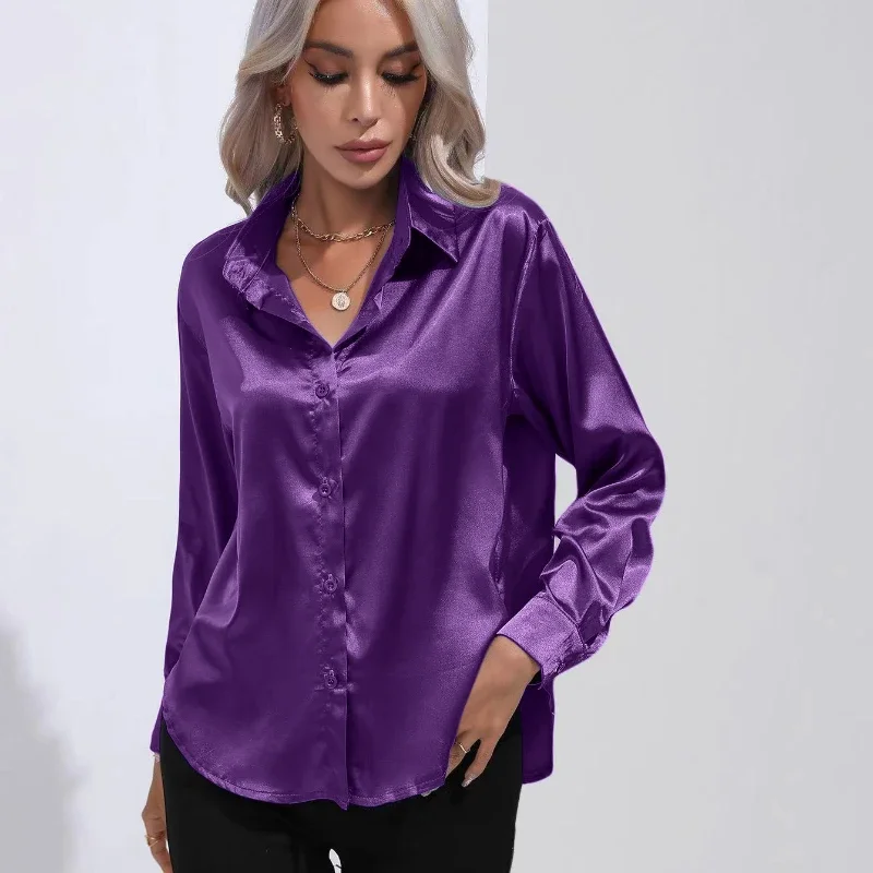 Women's Silk V-neck Cardigan Shirt Lightweight and Smooth Loose and Versatile Suitable for Commuting and Daily Wear