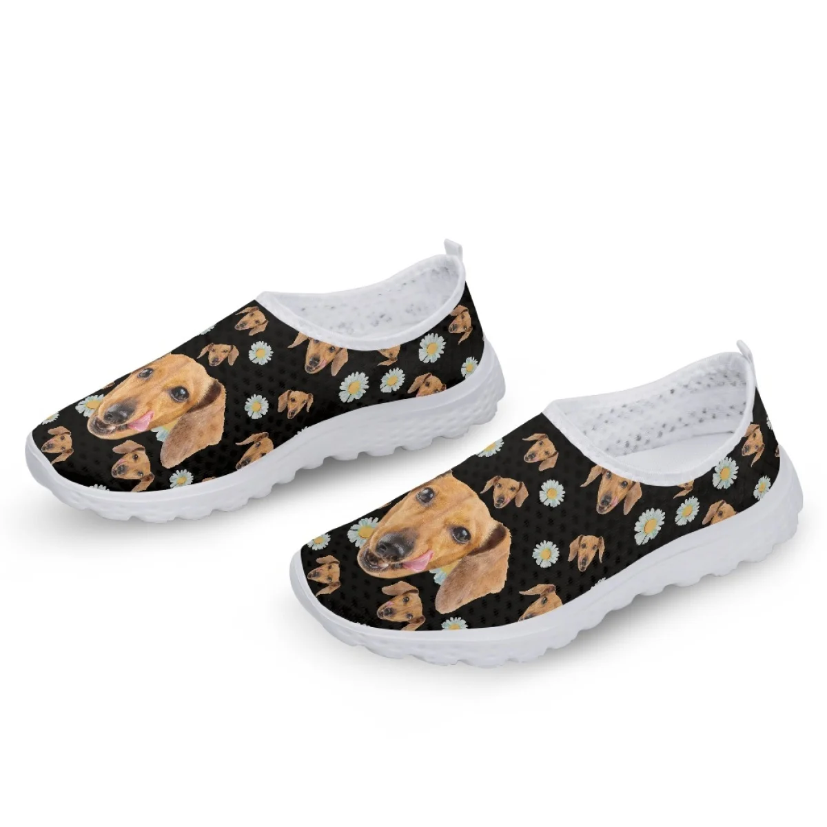 New Fashion Spring Breathable Slip-on Flat Shoes Dachshund Daisy Print Female Girls Mesh Running Sneakers Ladies Loafers Zapatos