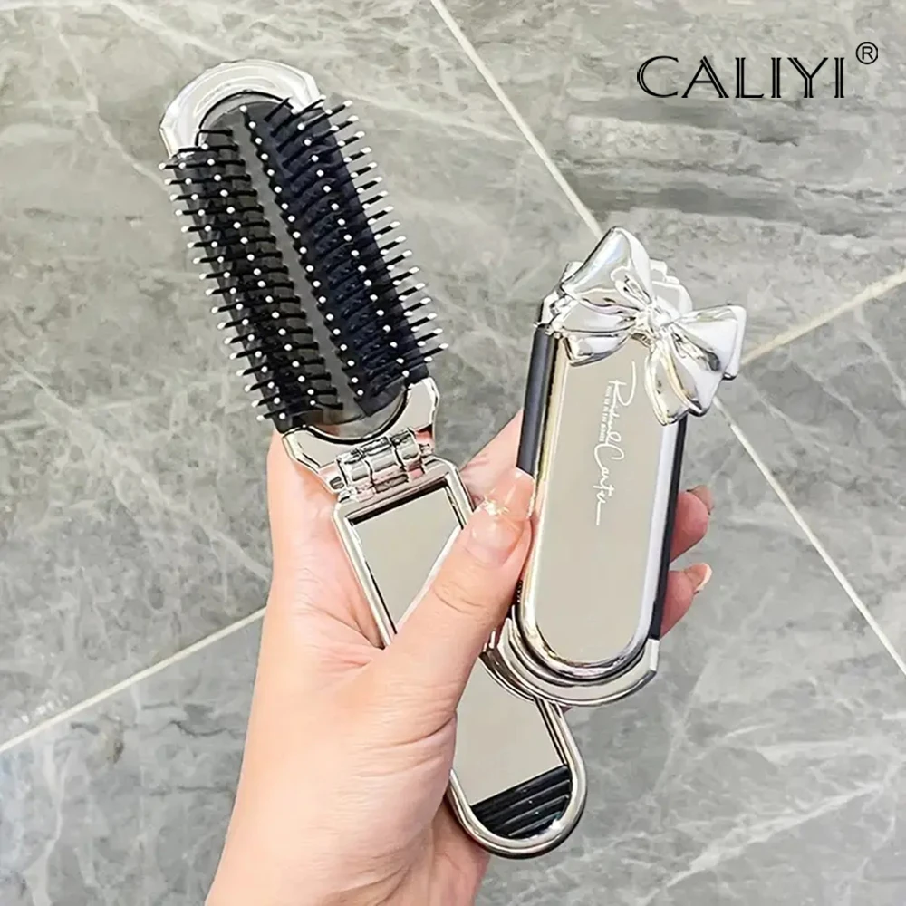 CALIYI 1PCS Folding Mini Pocket Hair Comb with Mirror Portable Massage Comb Brush for Salon Travel Outdoor Makeup Styling Tools