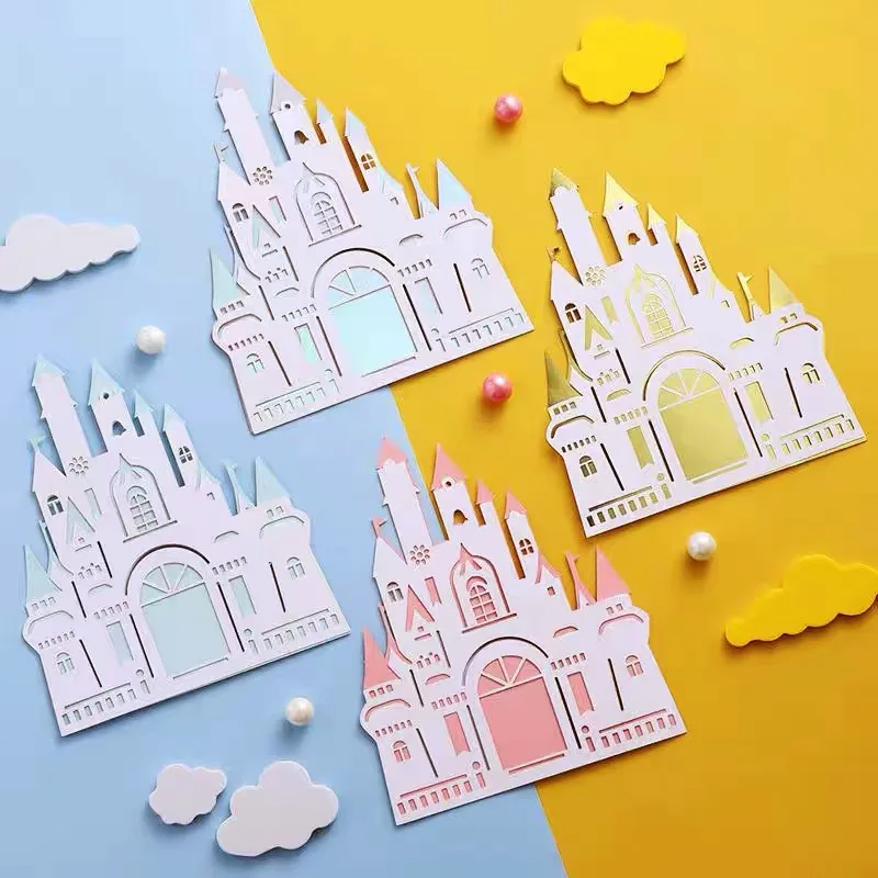 1pc Pink Blue Gold Castle Multi-layer Cake Insert Birthday Cupcake Topper Lovely Paper Cakes Insert Birth Party Favors Supply