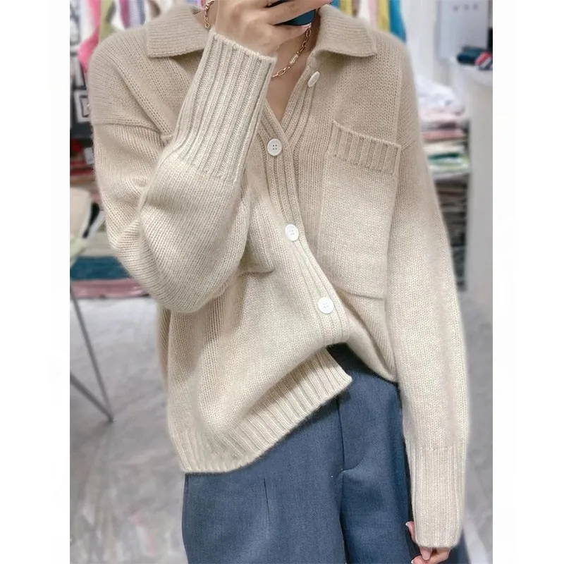 European station POLO neck pocket cashmere cardigan autumn/winter lazy sweater loose knit sweater thick wool coat