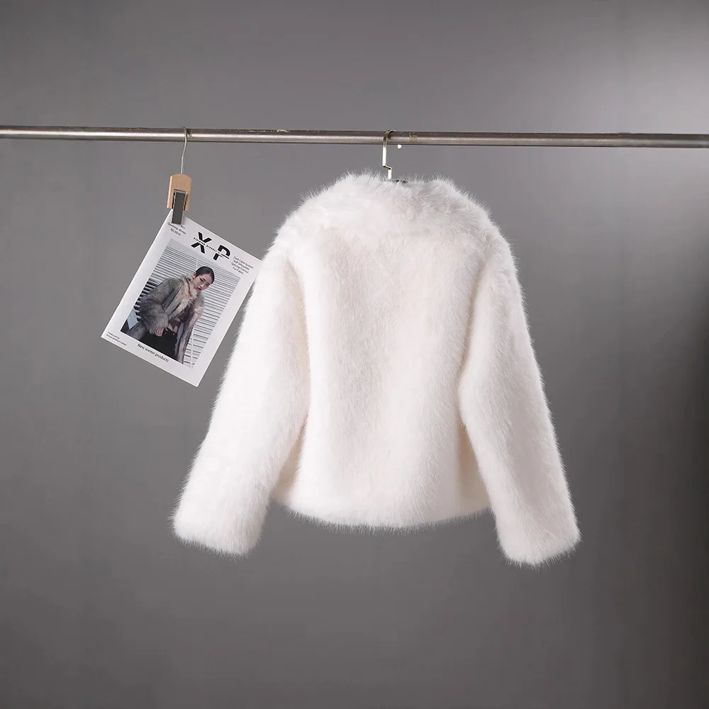 미국 패션 레트로 인조 모피 코트 긴 소매 싱글 브레스티드 캐주얼 루즈 화이트 플러피 코트 여성용 겨울 숏 재킷