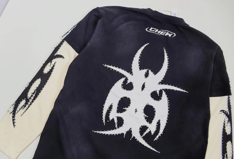 Vintage CHEW Long Sleeve T-Shirt Washed Devil Pattern Casual Cotton Breathable Fashion Women Men O-Neck Tshirts