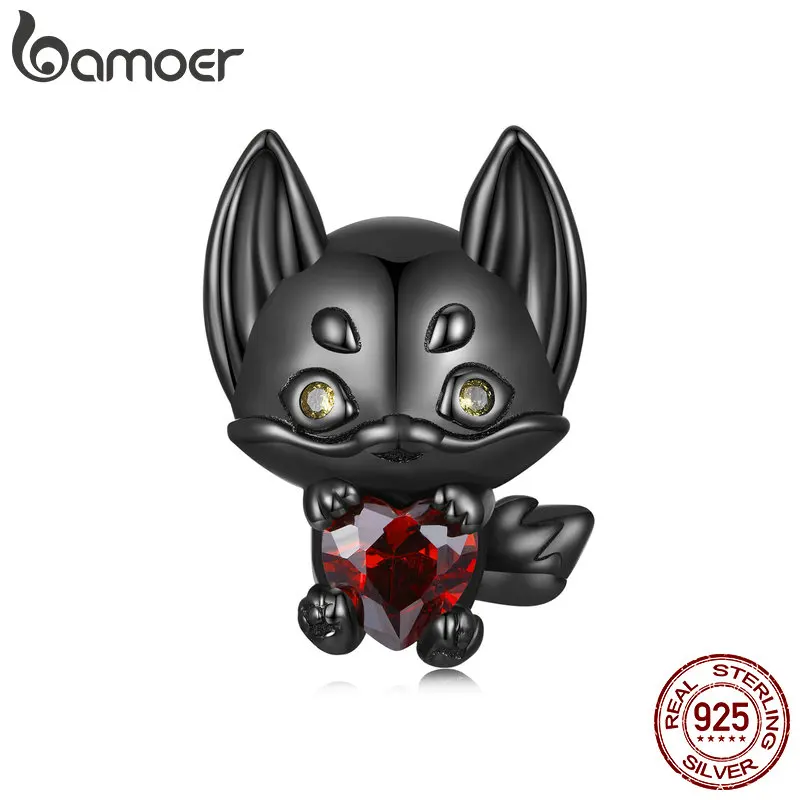 

Bamoer, серебро 925 пробы, черная лиса бусина, красное сердце, циркон, милые животные, амулеты, Покрытые черным золотом, для женщин, браслет и браслет, сделай сам
