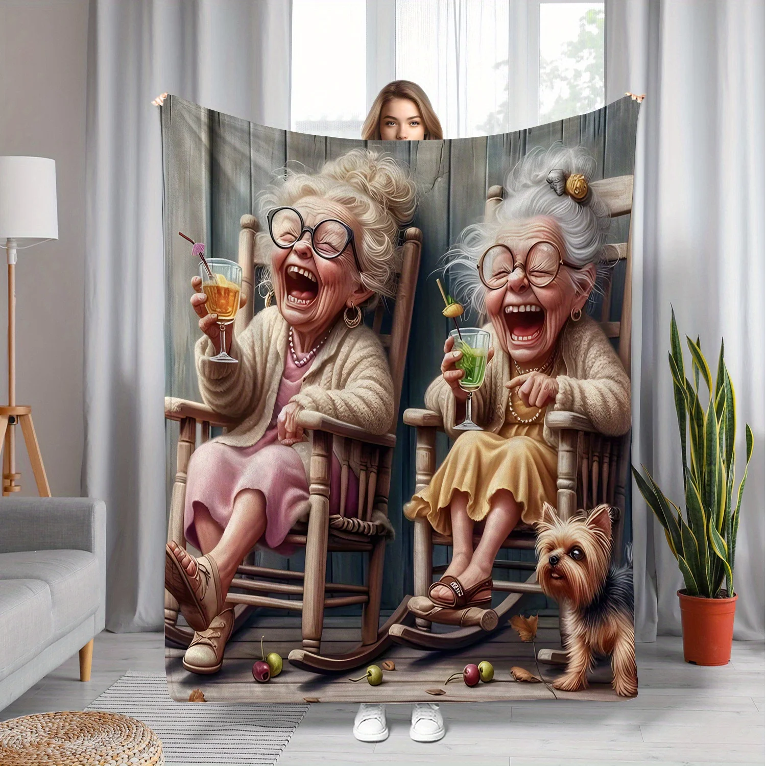 Funny Grandmas Drinking Cocktails Throw Blanket, Cute Cartoon Design with Dog & Rocking Chairs for Cozy Home Decor