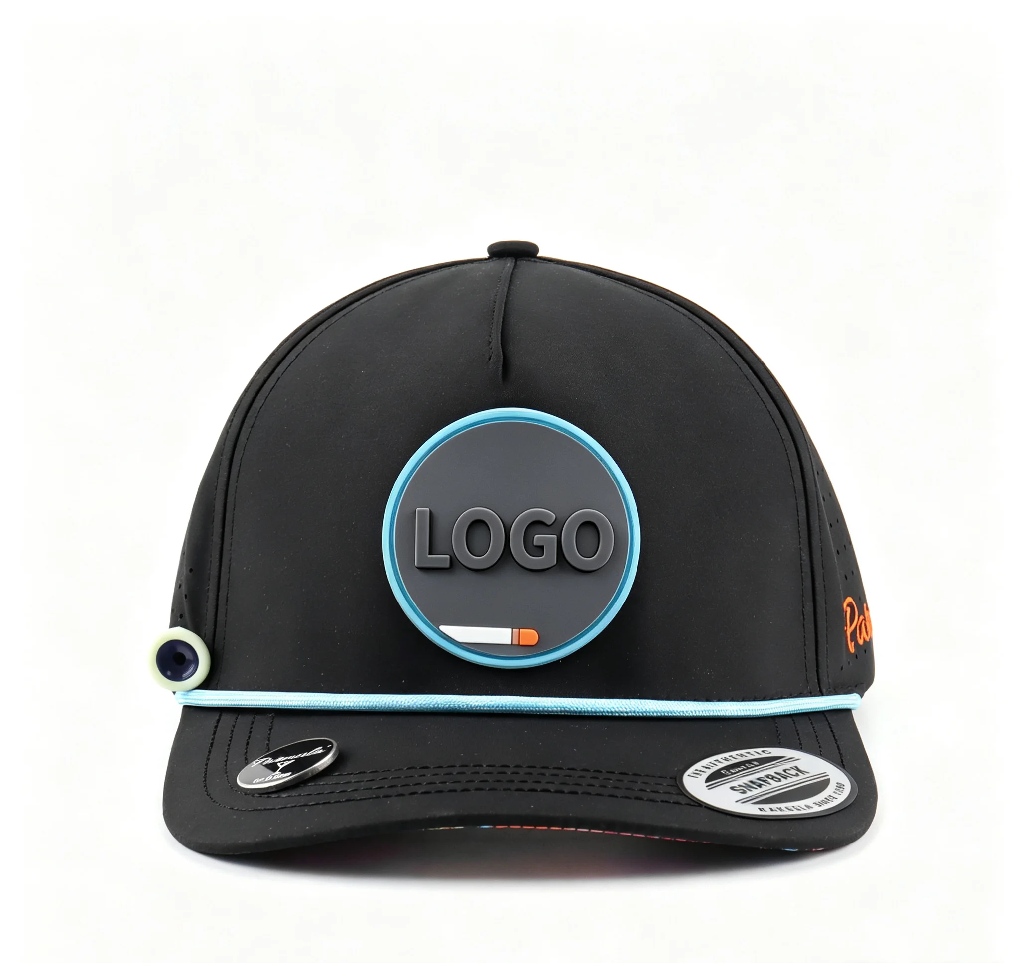 Custom 5 Panel Rubber PVC Patch Cap Waterproof Laser Cut Hole Perforated Black Polyester Golf Rope Hat for Sports Team Logo