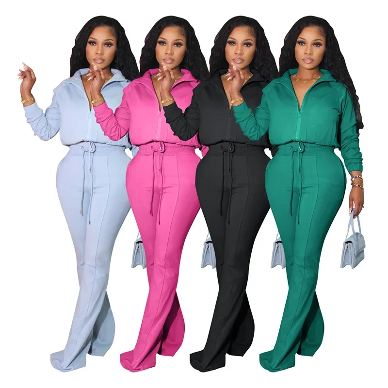 Solid Casual Tracksuit Women Two Piece Set 2023 Autumn Winter Long Sleeve Zipper Jacket Top and Flare Pants Suits Joggings Femme