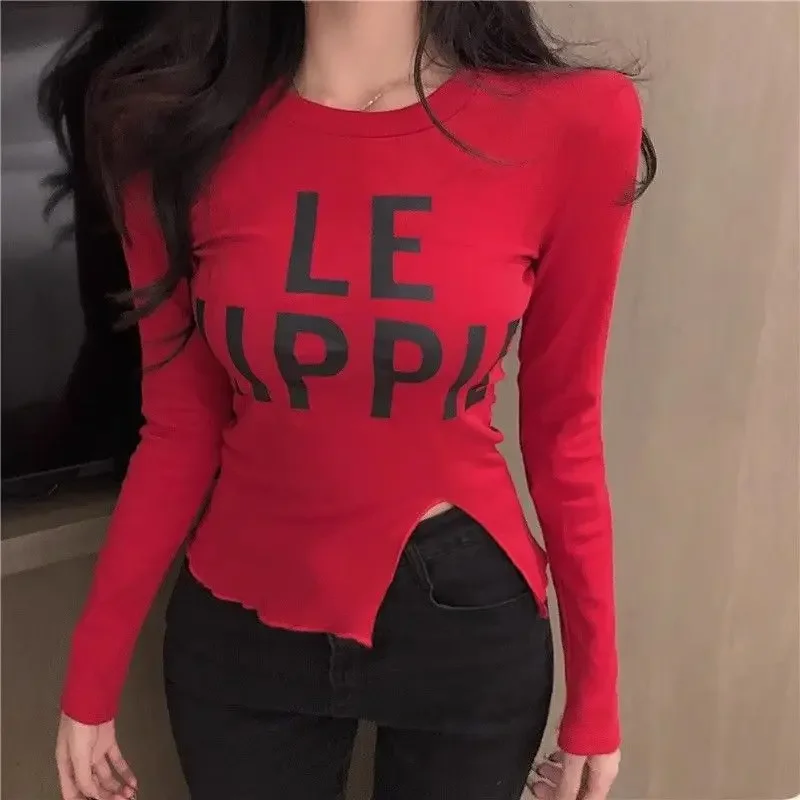 Y2K Letter Printing Short T Shirts Spring New Long Sleeve Solid Color Slim Split Hem Sexy Tops Tees Fashion Trend Women Clothing