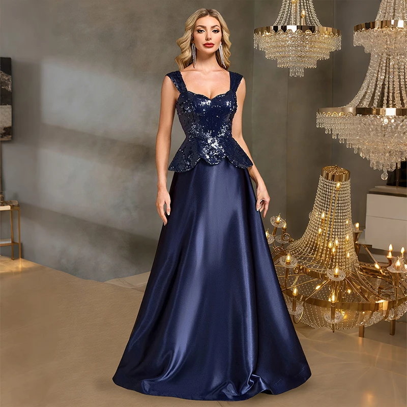 2027 Summer Women Vestido De Festa Sleeveless Blue Sequined Formal Occasion Evening Cocktail Prom Long Dress