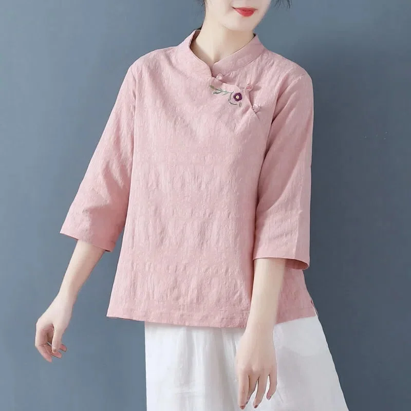 Retro chinês algodão linho bordado irt verão plus size feminino casual gola superior assimétrico Sve cinco quartos...