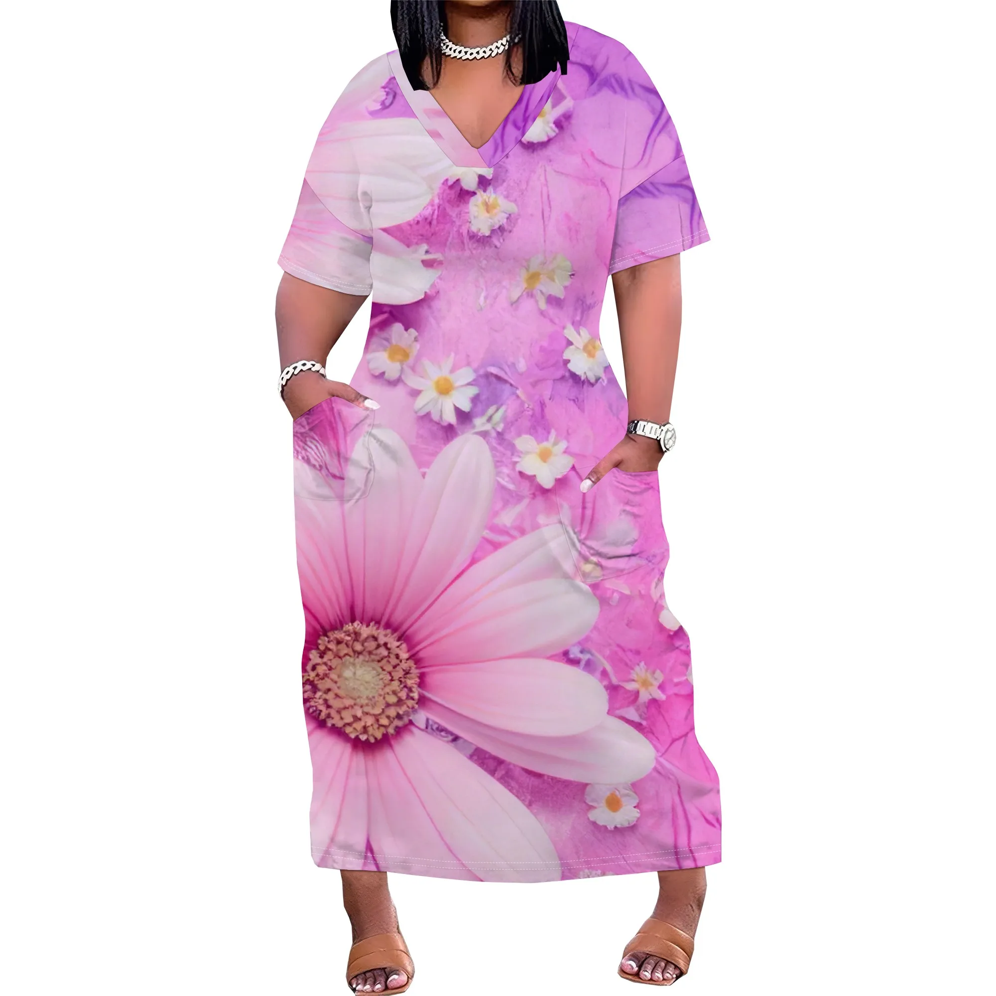 Plus Size Big Daisy Floral Print Dress V Neck Romantic Garden Spring Outfit