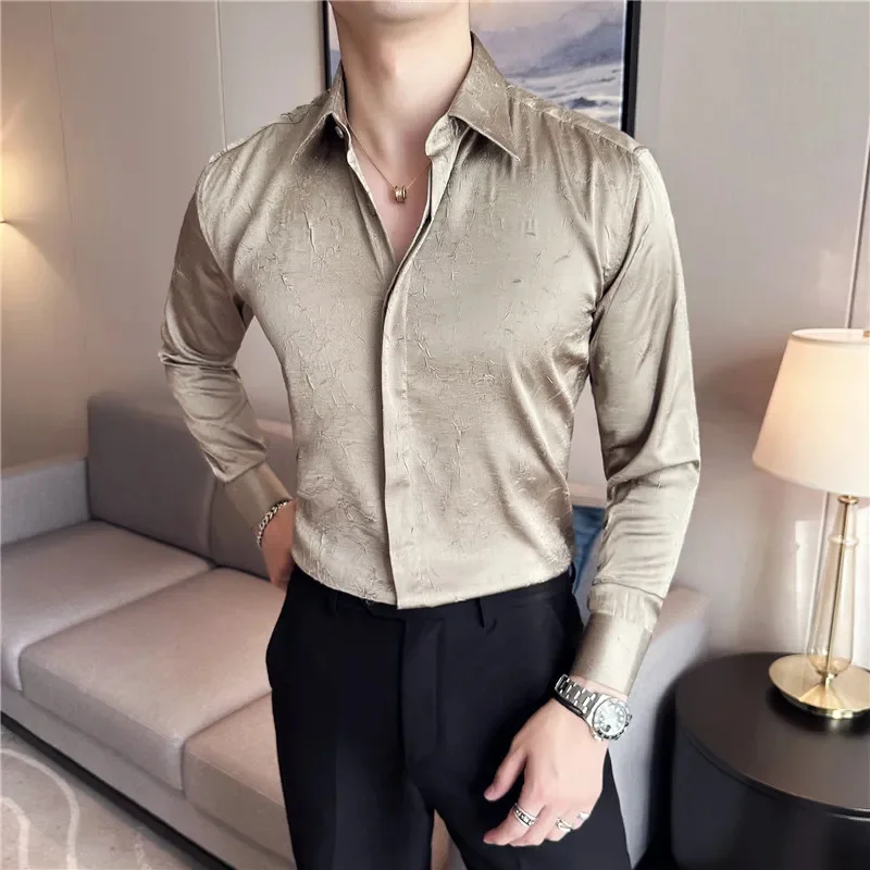 Formal Dress Shirt for Social Events – Luxurious Ice Silk, Dark Grey with V Neckline, Pleated Stand Collar, and Long Sleeves