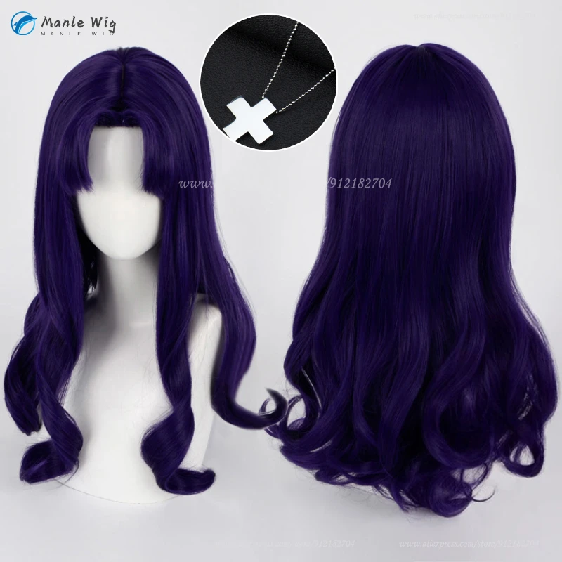 Anime EVA Misato Katsuragi Cosplay Wig Purple Curly Long Wigs Heat Resistant Synthetic Hair Halloween Women Wig + Wig Cap