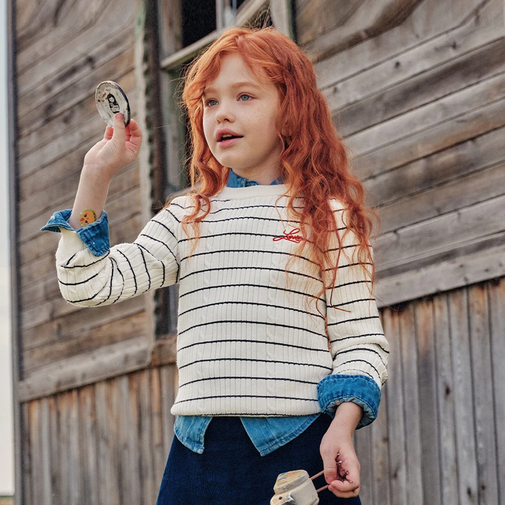 Dave Bella Girls Stripe Knitted Sweater Children Autumn Spring Pullover Long Sleeve Tops Kids Outdoor Clothes DK4263657