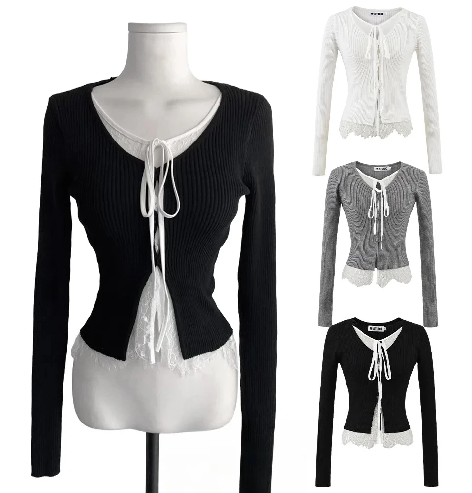 

KONDALA Hot Girls Slim Lace Splicing Knit Cardigan Lace-up Button Tight-fitting Top 2025 Spring Fall Fashion Sweet Women Cardiga