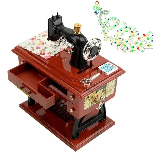 1pc Mini Sewing Machine Style Music Box Hand Crank Vintage Music Boxes Jewelry Box Christmas New Year Birthday Gifts