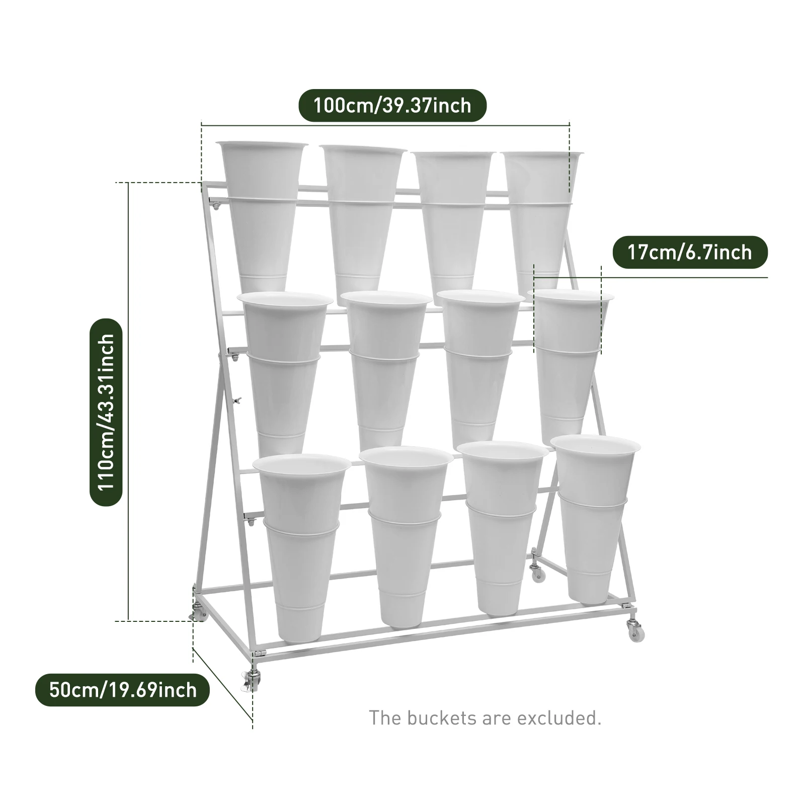 Bloem Display Stand + 12 Stuks Emmers 3 Lagen Metalen Plant Stand Wielen Wit