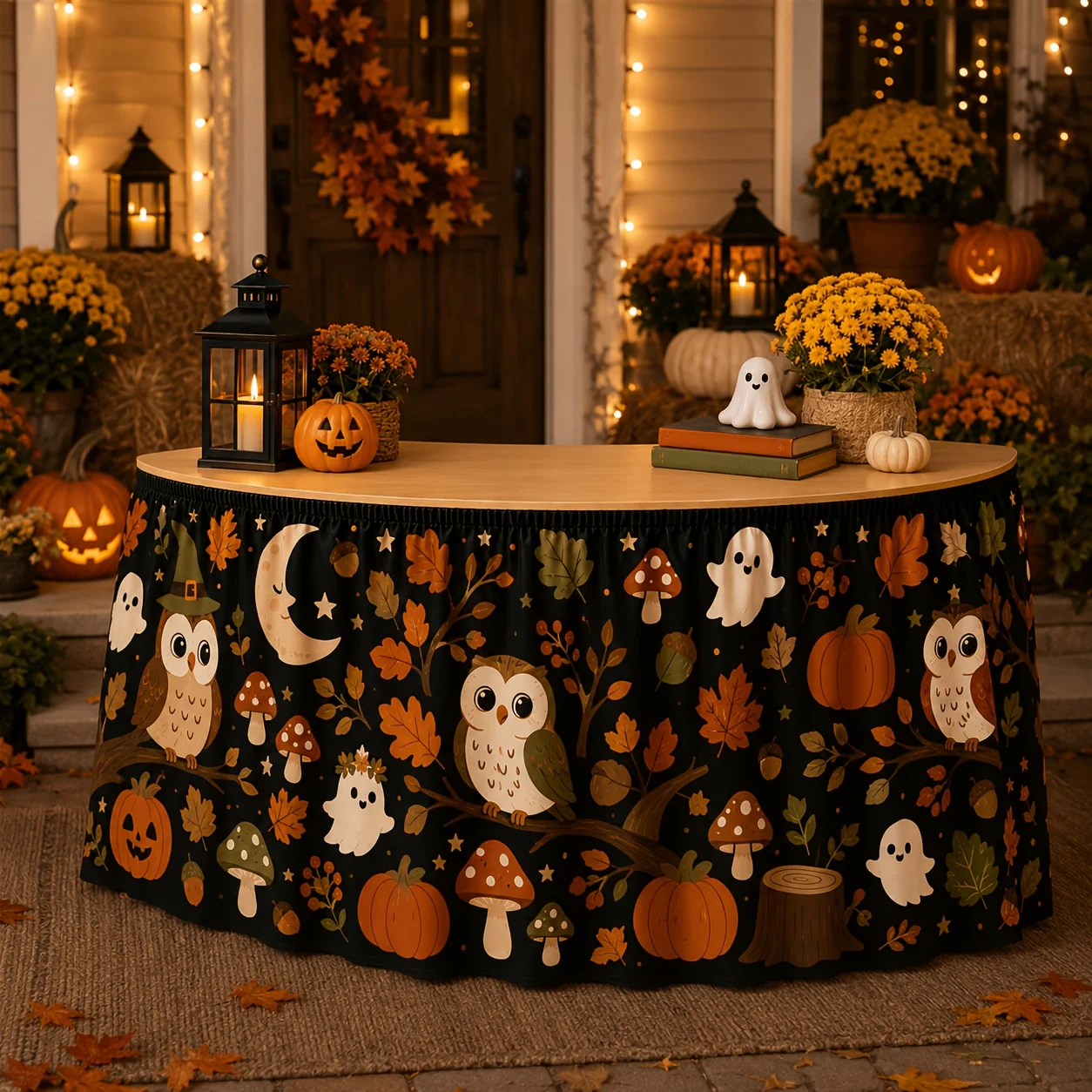 One table flag table skirt, cute forest-themed Halloween table skirt, featuring owls, pumpkins and mushrooms