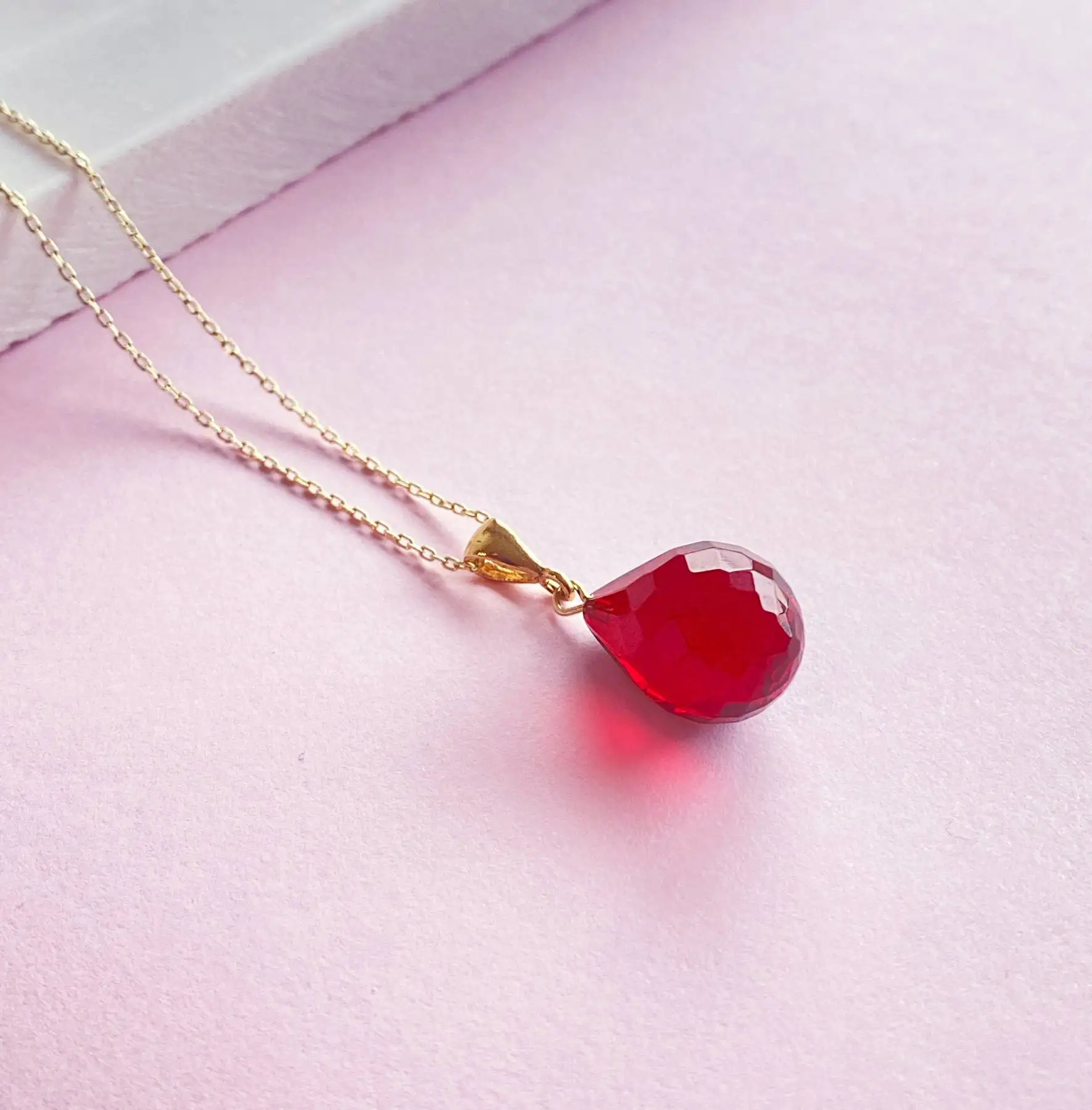 Faceted Red Amber Necklace - Gold Plated Silver Necklace - Ruby Free shipping-Amber stone jewelry-Free Shipping for woman