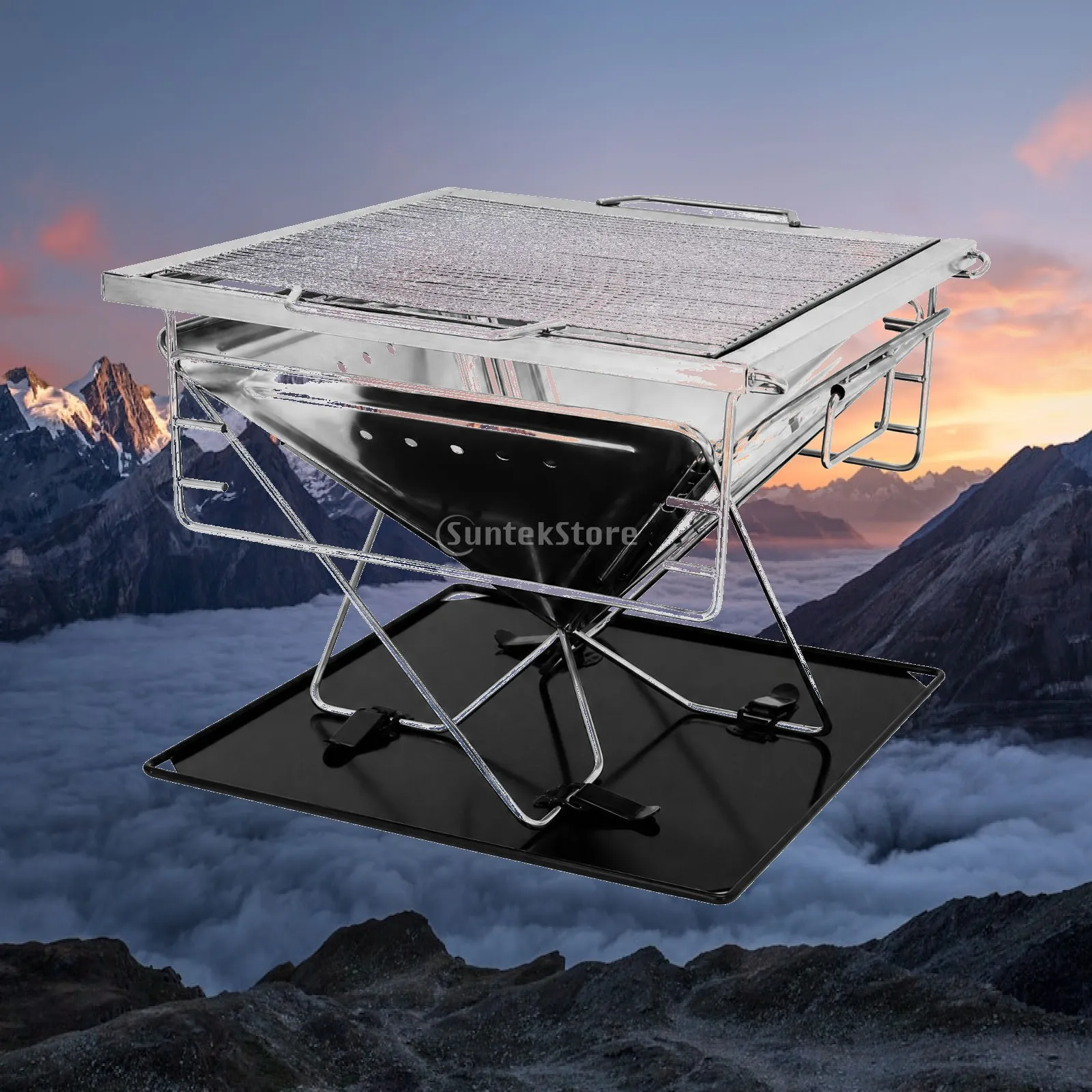 Stainless Steel Outdoor Grill Fire Pit Portable Folding Campfire Stove with Height Adjustable Barbecue Grate for Picnic Garden