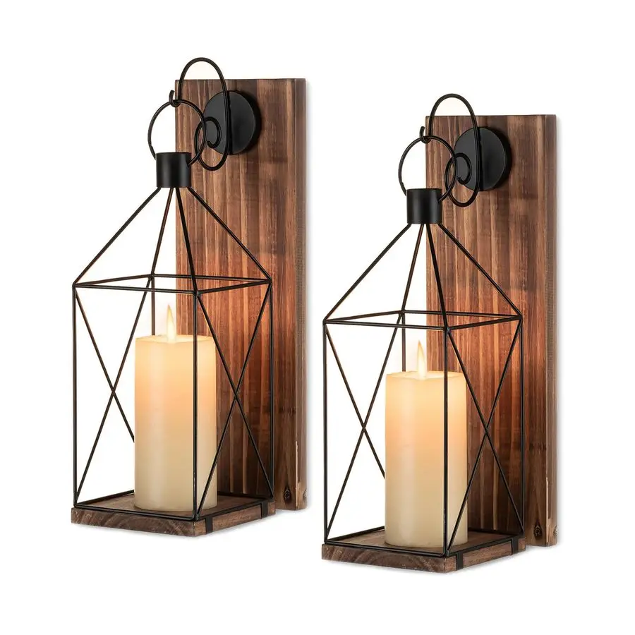 

Sconces Wall Decor Set of 2 Farmhouse Wood Candle Holder Indoor Black Metal Lantern Decorations for Living Room Front Porch Yard