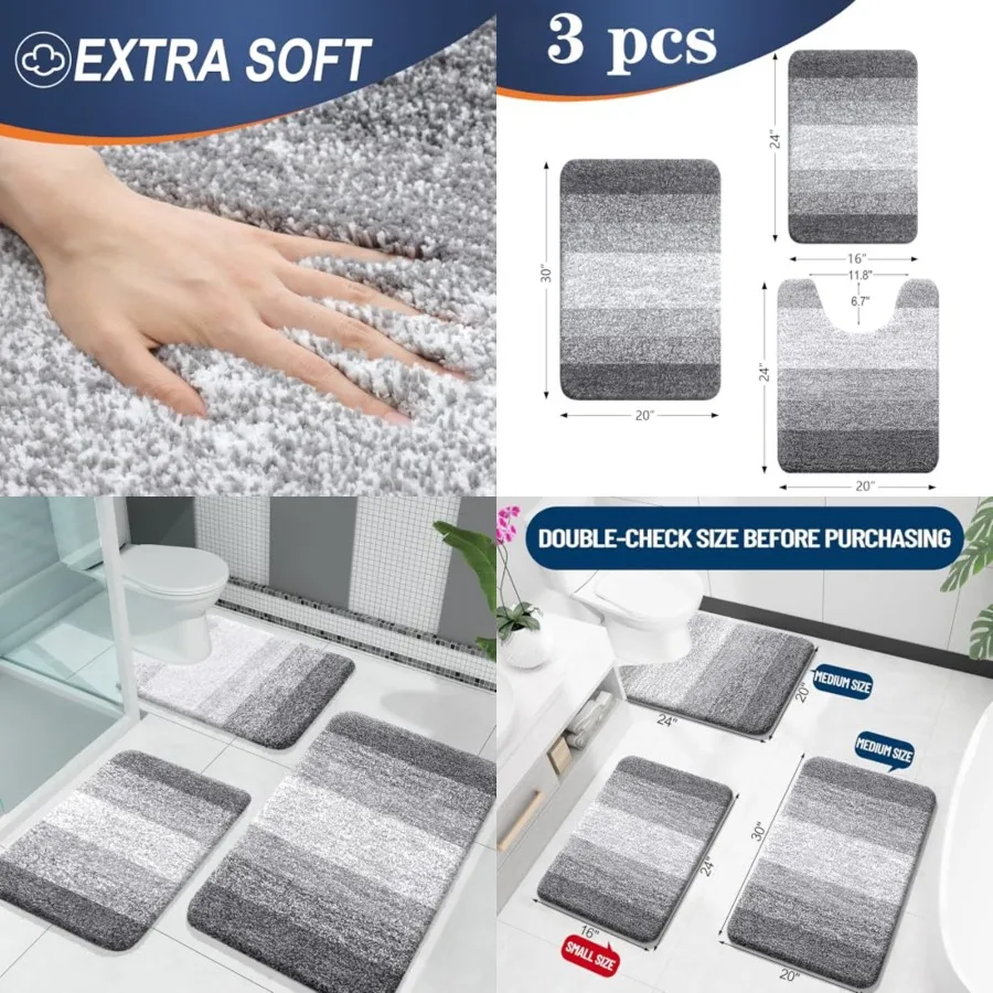 

Bathroom Rugs Sets 3 Piece, Soft Absorbent Microfiber Bath Mats and U-Shaped Contour Toilet Rug, Machine Wash Dry, Plush Shaggy