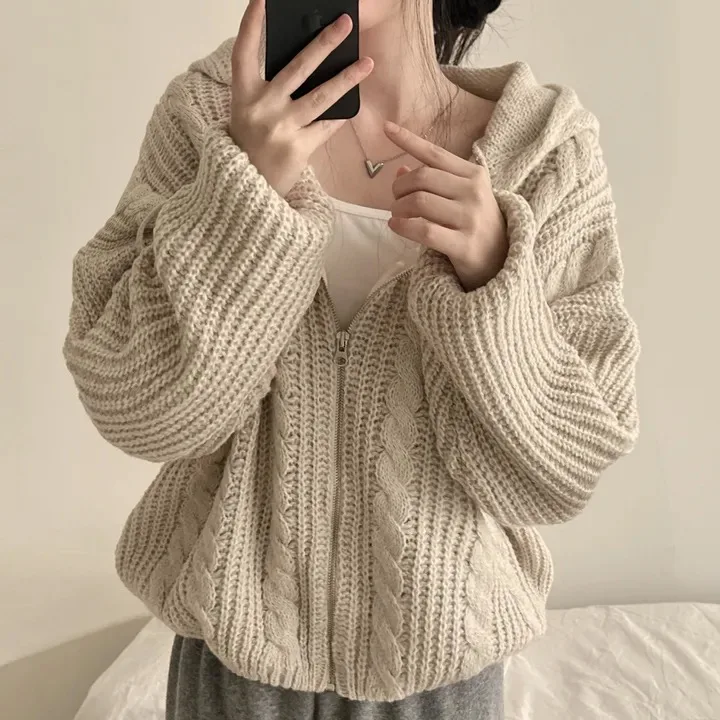 Ladies Loose Lazy Sle Retro Twist Knitted Hat Sweater Coat Korean Version Autumn Winter Top Warmth Emitting Short Length Zi...