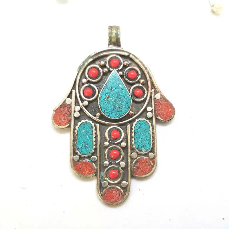 TBP301 Tibetan Buddha Hand Amulet Pendants Nepal Hand Vintage Jewelry Copper Inlaid Colorful Stone