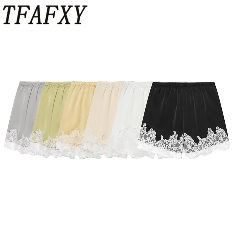 

TFAFXY 2026 Summer Satin Shorts Women's Loose Casual Party Short Pants Holiday Femme Solid Patchwork Lace Shorts
