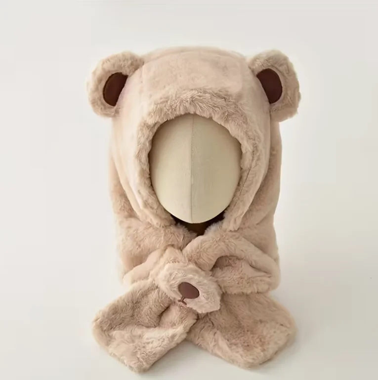 Combinação de chapéu e cachecol com capuz de urso de desenho animado infantil de 2 a 6 anos – proteção de ouvido quente espessada para esqui, festas, atividades ao ar livre