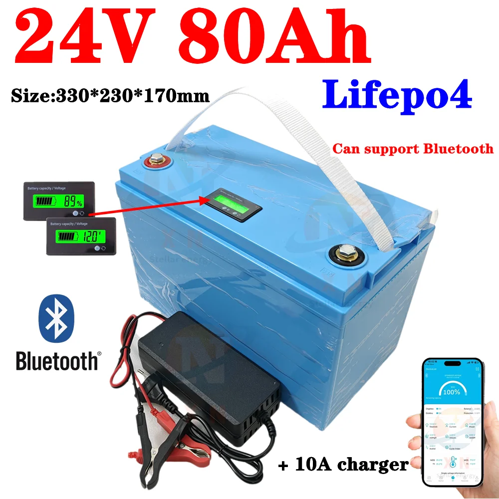 XN 24V 80AH Lifepo4 con bluetooth BMS per inverter pannello solare scooter backup barca elettrica luce + caricatore 10A