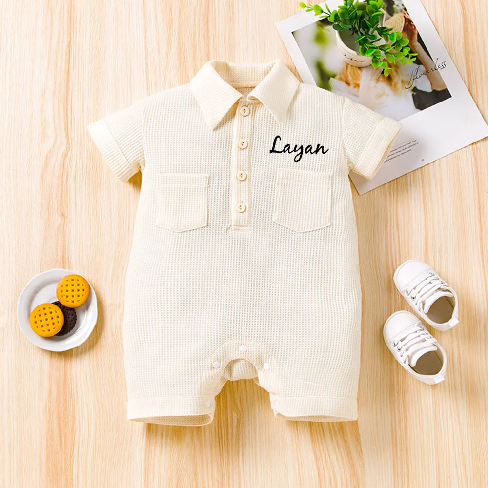 Embroidered Summer Baby Jumpsuit Short Sleeved Crawling Suit,Personalized Custom For Baby Lapel With Small Pockets Stylish Jumps