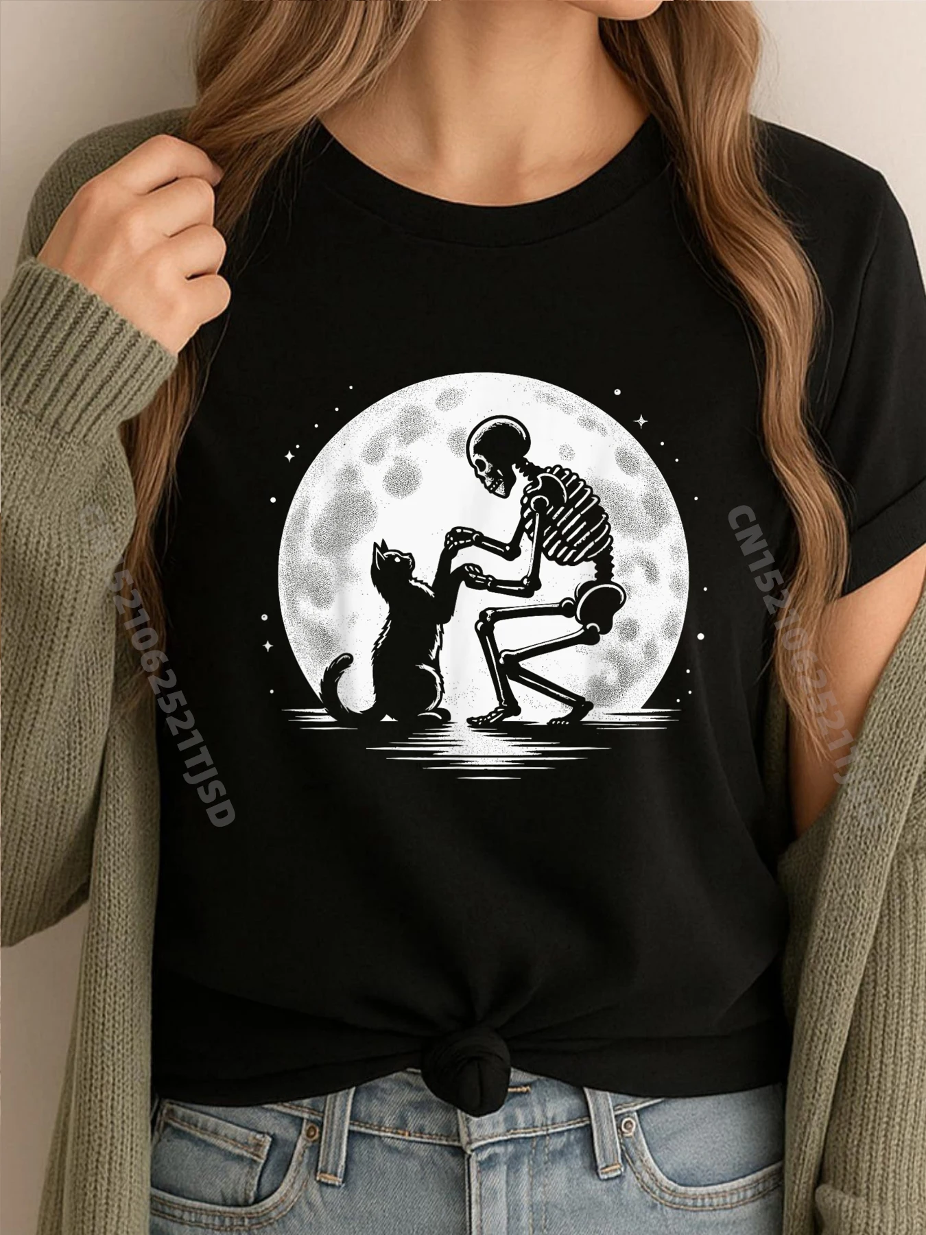 

Skeleton Cat Skull Kitty Goth Halloween Blue And White Graphic T Shirts Original Mens T-Shirts Vegan