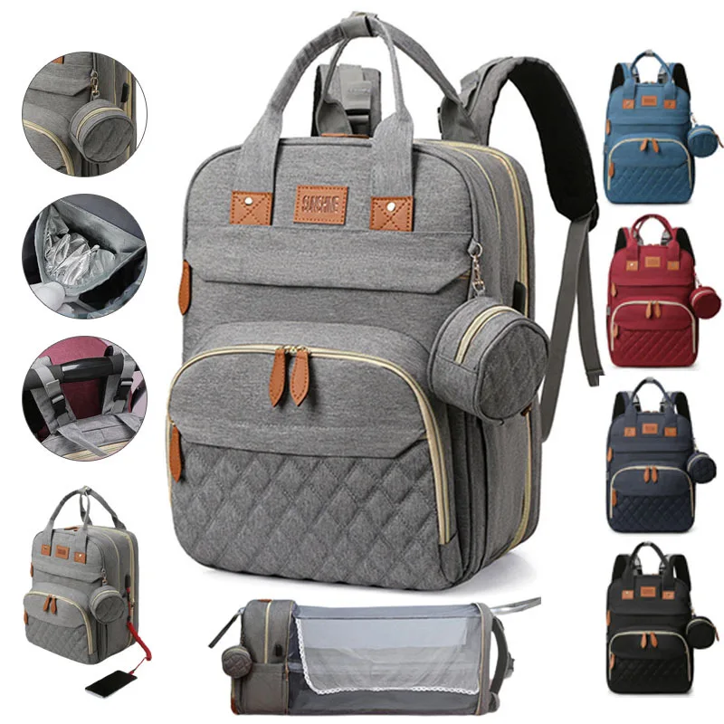 

Новые многофункциональные сумки для подгузников с функцией раскладывания в кроватку, оптовая продажа, вместительный рюкзак для мам