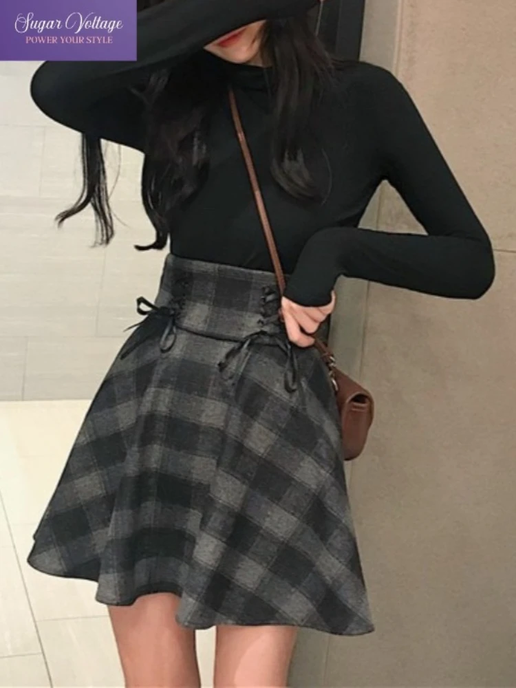 

American Retro Fashion Skirts Women Plaid High Waist A-Line Mini Skirt Women Grey Checkered Tie Side Vintage Elegant Short Skirt