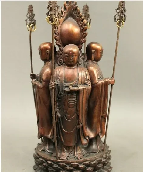 8 Folk Chinese Bronze 4 Face TangSeng Ksitigarbha Boddhisattva Seat Lotus Statue