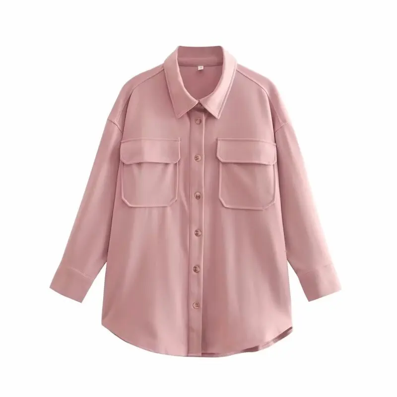 エレガントなソリッドポケットボタンシャツカジュアルフルスリーブオフィスレディトップス女性秋ルーズストリートウェアベージュピンクカラーシャツトップス