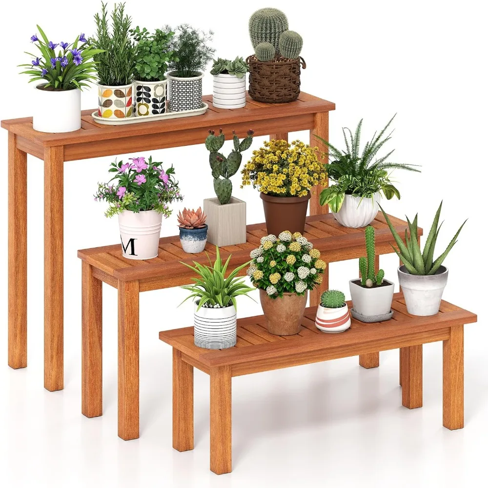 

Wooden Plant Stand Set of 3, Outdoor Indoor Solid Wood Flower Pot Holder Display Shelf w/ Teak Oil Finish, Slatted Top,