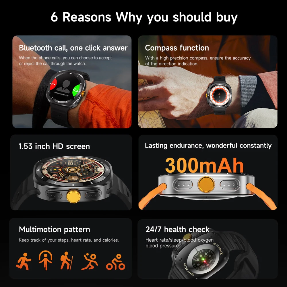 Montre intelligente d'appel Bluetooth pour homme, boussole, sport, étanche 24h, fréquence cardiaque, moniteur de santé, GPS, NDavid, extérieur, 1.53 mAh, en effet, 300