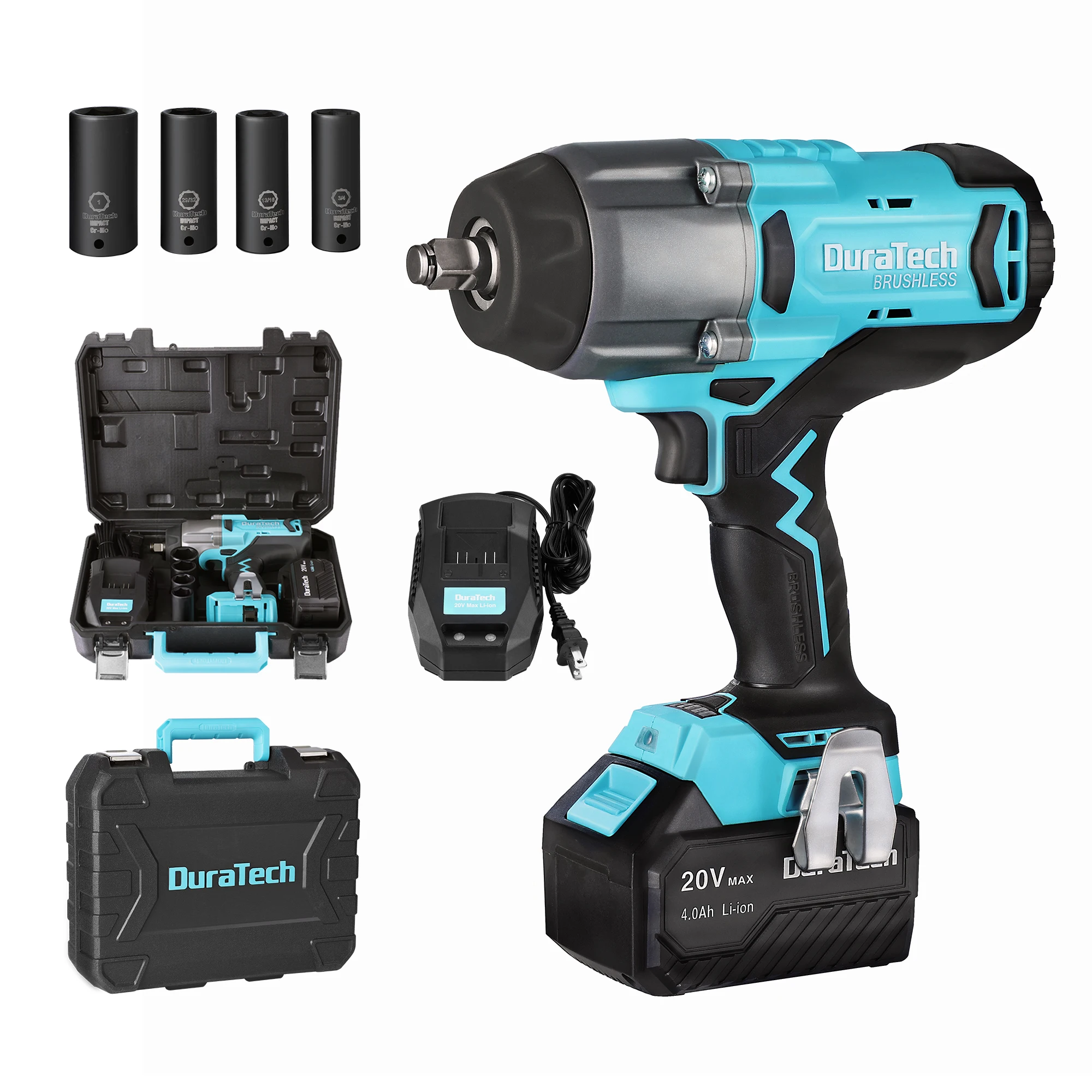 

DURATECH 20V 4.0Ah Brushless Cordless Impact Wrench 5 Speed Setting Adjusted Included 4PC Impact Sockets