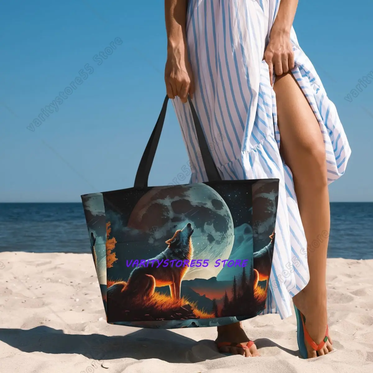 Howling Wolf Under The Moonlight Print Beach Tote Bag Sport Gym Yoga Duffle Large Tote Bag Women Travel Fitness