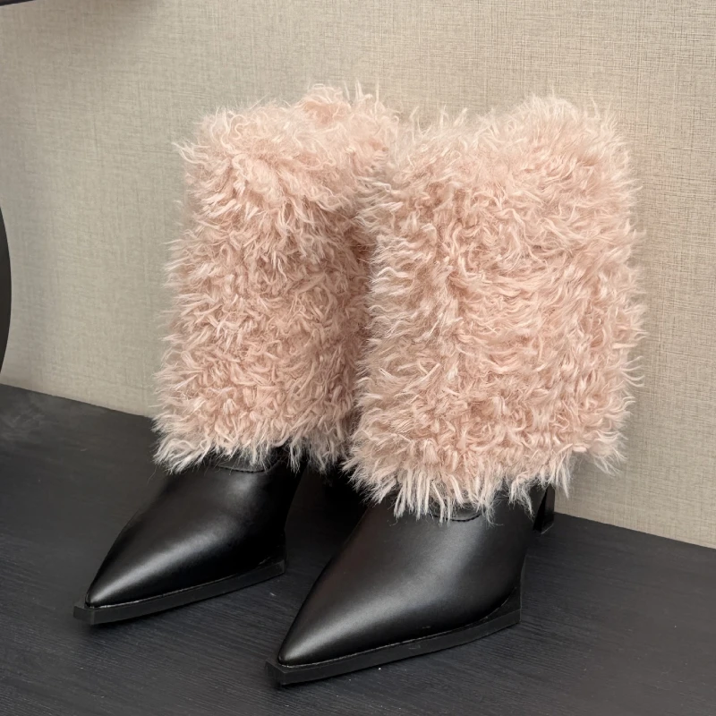 

Осенне-зимние короткие плюшевые теплые ботильоны для женщин, зимние ботинки на тонком высоком каблуке с острым носком, нескользящие женские ботильоны до середины икры