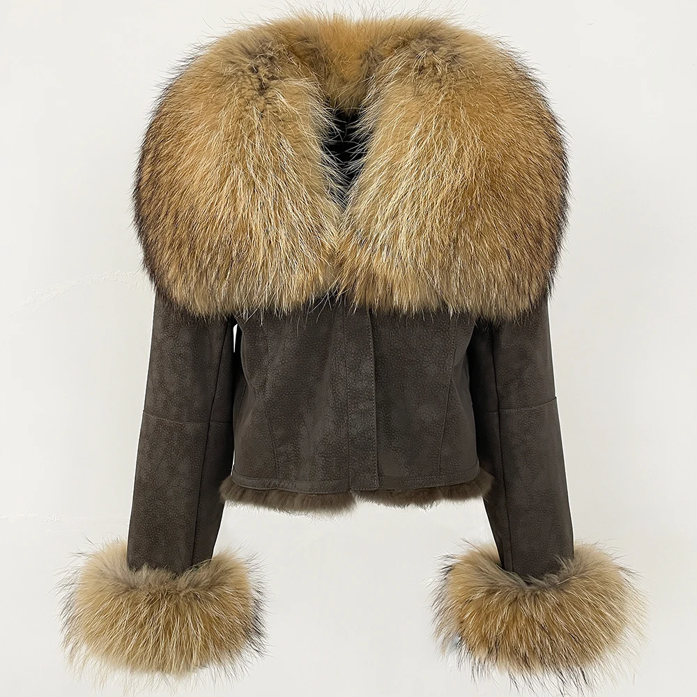 MENINA ナチュラルアライグマキツネの毛皮のコートの女性 2025 新しい秋冬ショートスエード服ファッション暖かいウサギの毛皮のライナージャケット女性