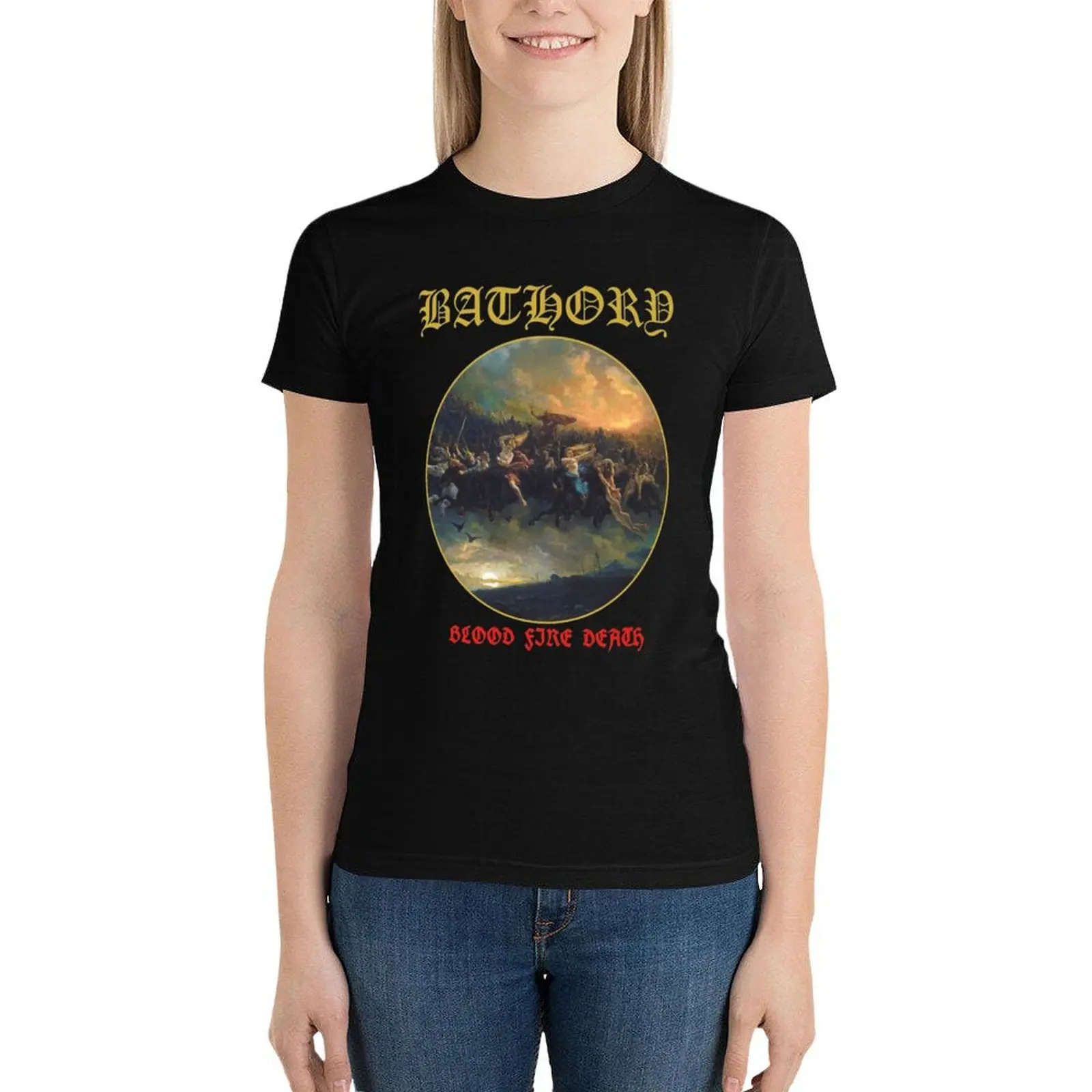 Bathory Band-T-Shirt pour Femme, avec Logo Original, Fanart, Blood Fire, Death, Haut d'Été, Vêtements Anime